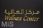 09.01.2017,  Doha (Katar).  AlRayyan Hotel Doha, Curio Collection by Hilton, in der Mall of Qatar, Al Rayyan, Doha. 5 Sterne Hotel. Schild an der Eingangstre zum Wellnesscenter.