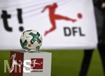 08.12.2017,  Fussball 1.Liga 2017/2018, 15.Spieltag, VfB Stuttgart - Bayer Leverkusen, in der Mercedes Benz Arena Stuttgart. Der Spielball liegt auf der Stele bereit, im Hintergrund das DFL Logo.