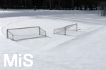 12.02.2019, Fussballtore im Schnee, Zwei Tore liegen auf dem Platz im schneebedeckten Kaufbeurer Fussballstadion.