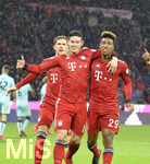 17.03.2019, Fussball 1. Bundesliga 2018/2019, 26. Spieltag, FC Bayern Mnchen - 1.FSV Mainz 05, in der Allianz-Arena Mnchen. v.l. Leon Goretzka (FC Bayern Mnchen), James Rodriguez (FC Bayern Mnchen) und Kingsley Coman (Bayern Mnchen)  jubeln.

 
