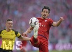 06.04.2019, Fussball 1. Bundesliga 2018/2019, 28. Spieltag, FC Bayern Mnchen - Borussia Dortmund, in der Allianz-Arena Mnchen. v.li:  Jacob Bruun Larsen (Dortmund) gegen Mats Hummels (Bayern Mnchen).

 
