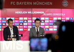 22.01.2020, Fussball 1. Bundesliga 2019/2020, FC Bayern Mnchen, Vorstellung bei einer Pressekonferenz von Alvaro Odriozola (re, FC Bayern Mnchen) von Real Madrid. li: Sportdirektor Hasan Salihamidzic (Bayern Mnchen).

