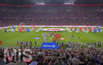 16.08.2019, Fussball 1. Bundesliga 2019/2020, 1.Spieltag, FC Bayern Mnchen - Hertha BSC Berlin, in der Allianzarena Mnchen. Erffnungszeremonie, die Logos der teilnehmenden Vereine auf den Wrfeln. Beide Mannschaften laufen ein.

