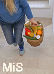 06.04.2020,  Symbolbild:  Frau bringt Lebensmittel in einem Einkaufskorb in ihre Wohnung.