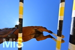 13.06.2020,  Springreiten, Trainings-Springen in Bissingen/Zoltingen Reitanlage Zoller, Pferd springt ber ein Hindernis, aufgenommen aus der Froschperspektive gegen den Himmel.
