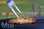 19.06.2020, Grillen auf dem Balkon im Sommer, Grillfleisch von der Pute, fertig mariniert und gegart auf dem Elektrogrill.