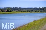 08.07.2020,  Luftbild an der Iller bei Krugzell im Allgu.  Ein Kajakfahrer geniesst die Landschaft auf dem Fluss. 