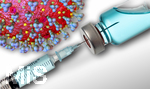 09.10.2020, Grafik, Corona-Virus Mikroskopische Ansicht, mit Impfstoff-Probe im Vordergrund. (Bildmontage)  3D-Grafik: Sofiane Regragui 
 
