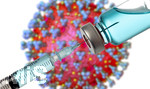 09.10.2020, Grafik, Corona-Virus Mikroskopische Ansicht, mit Impfstoff-Probe im Vordergrund. (Bildmontage)  3D-Grafik: Sofiane Regragui 
 
