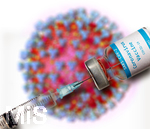 09.10.2020, Grafik, Corona-Virus Mikroskopische Ansicht, mit Impfstoff-Probe im Vordergrund. (Bildmontage)
 
