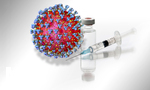 09.10.2020, Symbolbild Impfstoff, mit Grafik, Corona-Virus Mikroskopische Ansicht, mit Impfstoff-Probe im Vordergrund. (Bildmontage) 3D-Grafik: Sofiane Regragui 