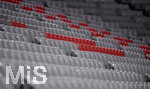 15.10.2020, Fussball DFB-Pokal 2020/2021, 1.Runde, 1.FC Dren - FC Bayern Mnchen, in der Allianz-Arena Mnchen.  Leere Sitze auf der Tribne, wegen der Corona-Pandemie ist das Spiel ein Geisterspiel ohne Zuschauer. Einige rote Sitze in den grauen bilden einen Schriftzug


