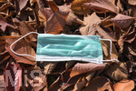20.10.2020, Symbolbild, Corona-Krise, Eine Einweg-Maske liegt im Herbstlaub. 