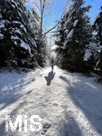 13.01.2022, Winterlandschaft bei Füssen im Allgäu. Der Hopfensee. Wanderin läuft durch den herrlich verschneiten Winterwald, die Sonne scheint endlich wieder einmal im Allgäu.