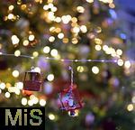 25.11.2022, Weihnachtsauslage in einer Gärtnerei in Buchloe (Bayern), Advent-Stimmung im Verkaufsraum. Funkelnde Lichter verschwimmen im Unscharfen. Vorne ein Deko-Anhänger mit Weihnachtsmann.