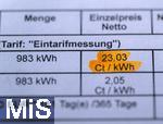 25.02.2023, Mindelheim, Bayern, Formular Stromrechnung eines Stadtwerkes mit der Einzelaufstellung des Verbrauches, Stromkosten 23,03 Cent pro Kilowattstunde