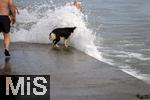 04.09.2023, Irland Land und Leute, Kstenstadt Tramore bei Waterford (Irland) im Sdosten. Ein Hund wird beim Baden am Pier von einer Wasserfontne des Atlantiks berrascht.  