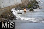 04.09.2023, Irland Land und Leute, Kstenstadt Tramore bei Waterford (Irland) im Sdosten. Ein Hund beim Baden in den Wellen des Atlantiks.