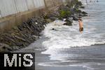 04.09.2023, Irland Land und Leute, Kstenstadt Tramore bei Waterford (Irland) im Sdosten. Ein Hund beim Baden in den Wellen des Atlantiks.