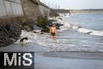 04.09.2023, Irland Land und Leute, Kstenstadt Tramore bei Waterford (Irland) im Sdosten. Ein Hund beim Baden in den Wellen des Atlantiks.