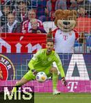 23.09.2023, Fussball 1. Bundesliga 2023/2024, 5.Spieltag, FC Bayern Mnchen - VfL Bochum, in der Allianz-Arena Mnchen. Bayern-Maskottchen Berni beobachtet Torwart Sven Ulreich (FC Bayern Mnchen) sehr genau von seinem Platz hinter dem Tor.

