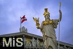 21.11.2023, sterreich, die Hauptstadt Wien. Impressionen vom sterreichischen Regierungsgebude, dem Parlament (links), re: Pallas-Athene-Brunnen, Die sterreichische Nationalflagge mit dem Bundesadler weht im Wind.