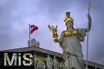 21.11.2023, sterreich, die Hauptstadt Wien. Impressionen vom sterreichischen Regierungsgebude, dem Parlament (links), re: Pallas-Athene-Brunnen, Die sterreichische Nationalflagge mit dem Bundesadler weht im Wind.