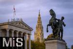 21.11.2023, sterreich, die Hauptstadt Wien. Impressionen vom sterreichischen Regierungsgebude, dem Parlament (links), re: Pallas-Athene-Brunnen, Mitte: hinter den Bumen das Rathausgebude. 