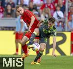 12.05.2024, Fussball 1. Bundesliga 2023/2024, 33.Spieltag, FC Bayern Mnchen - VfL Wolfsburg, in der Allianz-Arena Mnchen. li: Lovro Zvonarek (FC Bayern Mnchen) gegen Dzenan Pejcinovic (Wolfsburg) 

