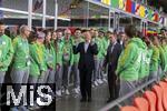 03.06.2024, Fussball Europameisterschaft 2024,  Besuch von Bundeskanzler Olaf Scholz  im EM-Stadion Mnchen Fuball Arena.  Hier beim Gesprch mit einer Abordnung von Volunteers und Philipp Lahm.  
