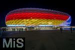 14.06.2024, Fussball UEFA EURO 2024, Vorrunde, 1.Spieltag, Erffnungsspiel Deutschland - Schottland, in der Fuball Arena Mnchen. Das Stadion ist aussen mit den Landesflaggen (Deutschland und Schottland) illuminiert.