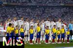 14.06.2024, Fussball UEFA EURO 2024, Vorrunde, 1.Spieltag, Erffnungsspiel Deutschland - Schottland, in der Fuball Arena Mnchen.  Nationalhymne,  Torwart Manuel Neuer (Deutschland), Toni Kroos (Deutschland), Antonio Rdiger (Deutschland), Kai Havertz (Deutschland), Robert Andrich (Deutschland), Jonathan Tah (Deutschland), vorne. Jamal Musiala (Deutschland), Josua Kimmich (Deutschland), Maximilian Mittelstdt (Deutschland), Florian Wirtz (Deutschland), Ilkay Gndogan (Deutschland) 