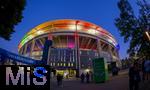 23.06.2024, Fussball UEFA EURO 2024, Vorrunde, 3.Spieltag, Schweiz - Deutschland, in der Frankfurt-Arena in Frankfurt am Main,  Das Stadion von Aussen in der blauen Stunde. Farbig illuminiert.
