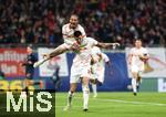 02.10.2024, Fussball UEFA Champions League 2024/2025, 2.Spieltag, RB Leipzig - Juventus Turin, in der Red Bull Arena Leipzig. Jubel (L-R) Xavi Simons (RB Leipzig) und Torschtze Benjamin Sesko (RB Leipzig)  zum Tor zum 2:1 per Elfmeter


