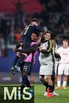 02.10.2024, Fussball UEFA Champions League 2024/2025, 2.Spieltag, RB Leipzig - Juventus Turin, in der Red Bull Arena Leipzig. Schlussjubel (L-R) Francisco Conceicao (Juventus Turin), Juan Cabal (Juventus Turin) und Kenan Yildiz (Juventus Turin)


