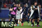 02.10.2024, Fussball UEFA Champions League 2024/2025, 2.Spieltag, RB Leipzig - Juventus Turin, in der Red Bull Arena Leipzig. Schlussjubel (L-R) Francisco Conceicao (Juventus Turin), Juan Cabal (Juventus Turin) und Kenan Yildiz (Juventus Turin)


