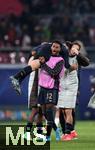 02.10.2024, Fussball UEFA Champions League 2024/2025, 2.Spieltag, RB Leipzig - Juventus Turin, in der Red Bull Arena Leipzig. Schlussjubel (L-R) Francisco Conceicao (Juventus Turin), Juan Cabal (Juventus Turin) und Kenan Yildiz (Juventus Turin)


