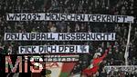 14.12.2024, Fussball 1. Bundesliga 2024/2025, 14. Spieltag, FC Augsburg - Bayer Leverkusen, in der WWK-Arena Augsburg, WM 2034 Menschen verkauft den Fuball Missbraucht! Fick dich DFB - Spruchband der Augsburger Fans
 

