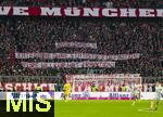 18.01.2025, Fussball 1. Bundesliga 2024/2025, 18. Spieltag,  FC Bayern Mnchen - VfL Wolfsburg, in der Allianz-Arena Mnchen. Bayern-Fans demonstrieren gegen den richterlichen Entscheid von letzter Woche, die Kosten fr Polizeieinstze von den Vereinen einzufordern. Auf ihrem Transparent steht: Risiko Spiel: Kategorie ohne Statistik und Definition, pure Willkr hat Tradition, Bullen bestellen, Vereine bezahlen?!