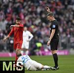 01.02.2025, Fussball 1. Bundesliga 2024/2025, 20. Spieltag,  FC Bayern Mnchen - Holstein Kiel, in der Allianz-Arena Mnchen.Dominik Javorcek (Holstein Kiel) am Boden. Schiedsrichter Dr. Florian Exner (Deutschland). 

