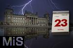 12.02.2025,  Die Deutsche Bundestagswahl am 23.2.2025 wirft ihre Schatten voraus, das Datum des Wahltages auf einem Abrei-Kalenderblatt, der Sonntag 23. Februar 2025, im Hintergrund das Parlamentsgebude, das Reichstagsgebude am Platz der Republik in Berlin, Sitz des Deutschen Bundestages.   (Bildmontage)
