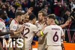 05.03.2025,  Fussball UEFA Championsleague 2024/2025: Achtelfinale, FC Bayern Mnchen - Bayer Leverkusen, in der Allianz-Arena Mnchen.  Torjubel von Harry Kane (2.v.re, FC Bayern Mnchen), mit Joao Palhinha (FC Bayern Mnchen), Jamal Musiala (FC Bayern Mnchen), Joshua Kimmich (FC Bayern Mnchen) 