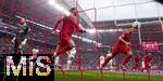 03.05.2025, Fussball 1. Bundesliga 2024/2025, 32. Spieltag, RB Leipzig - FC Bayern Mnchen, in der Red Bull Arena Leipzig, Jubel nach dem 3:2 Fhrungstor von Leroy Sane (mitte, Bayern Mnchen), Torwart Maarten Vandevoordt (RB Leipzig) kann nur zuschauen. re: Joshua Kimmich (FC Bayern Mnchen) jubelt.



