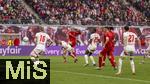 03.05.2025, Fussball 1. Bundesliga 2024/2025, 32. Spieltag, RB Leipzig - FC Bayern Mnchen, in der Red Bull Arena Leipzig, Leroy Sane (Bayern Mnchen) Torschuss zum 3:2 Fhrungstor, Lukas Klostermann (RB Leipzig) und David Raum (RB Leipzig) und Castello Lukeba (RB Leipzig) ohne Chance.