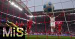 03.05.2025, Fussball 1. Bundesliga 2024/2025, 32. Spieltag, RB Leipzig - FC Bayern Mnchen, in der Red Bull Arena Leipzig,  Torschuss zum 2:0 von Lukas Klostermann (nicht im Bild, RB Leipzig) per Kopfball, Torwart Jonas Urbig (FC Bayern Mnchen) streckt sich vergeblich zum Ball. li: Eric Dier (FC Bayern Mnchen), Thomas Mller (FC Bayern Mnchen), Joshua Kimmich (FC Bayern Mnchen) nur Zuschauer. re: Benjamin Sesko (RB Leipzig) jubelt 

