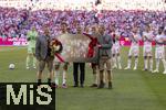 10.05.2025, Fussball 1. Bundesliga 2024/2025, 33. Spieltag,  FC Bayern Mnchen - Borussia Mnchengladbach, in der Allianz-Arena Mnchen. Thomas Mller (FC Bayern Mnchen) bekommt Blumen und ein Foto mit allen gewonnenen Trophen zu seiner Verabschiedung. v.li: Sportvorstand Max Eberl (Bayern Mnchen), Thomas Mller (FC Bayern Mnchen), Prsident Herbert Hainer (FC Bayern), Vorstandsvorsitzender Jan-Christian Dreesen (FC Bayern Mnchen), Geschftsfhrer Michael Diederich (FC Bayern Mnchen) alle in Lederhosen.