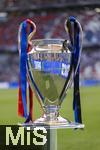 31.05.2025,  Fussball UEFA Championsleague Finale 2025:  Paris St. Germain - Inter Mailand, in der Allianz-Arena Mnchen. Der Championsleague-Pokal steht auf der Stele bereit. Geschmckt mit Bndern in den Vereinsfarben der beiden Final-Teams.