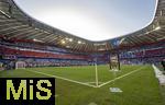 31.05.2025,  Fussball UEFA Championsleague Finale 2025:  Paris St. Germain - Inter Mailand, in der Allianz-Arena Mnchen. Der Championsleague-Pokal steht auf der Stele bereit. Geschmckt mit Bndern in den Vereinsfarben der beiden Final-Teams.