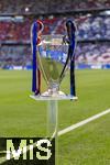 31.05.2025,  Fussball UEFA Championsleague Finale 2025:  Paris St. Germain - Inter Mailand, in der Allianz-Arena Mnchen. Der Championsleague-Pokal steht auf der Stele bereit. Geschmckt mit Bndern in den Vereinsfarben der beiden Final-Teams.