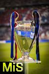 31.05.2025,  Fussball UEFA Championsleague Finale 2025:  Paris St. Germain - Inter Mailand, in der Allianz-Arena Mnchen. Der Championsleague-Pokal steht auf der Stele bereit. Geschmckt mit Bndern in den Vereinsfarben der beiden Final-Teams.